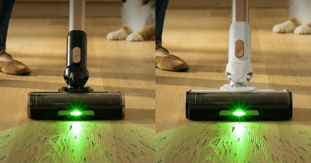 Levoit VortexIQ greenlight | Vacuum Wars Levoit VortexIQ and VortexIQ Pro cordless vacuums using NeoSight green light dust detection technology to illuminate dust and debris on hard floors