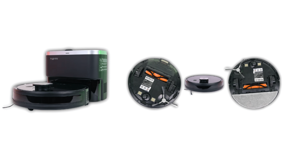 MAMNV D13S Max bin and features | Vacuum Wars MAMNV D13S Max robot vacuum and mop with auto-empty dock, LiDAR navigation, side brushes, and mop pad shown from multiple angles.