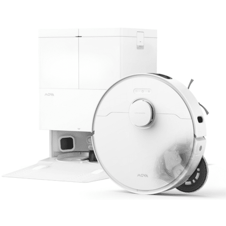 White autonomous robot with a large circular front panel beside a white storage cabinet in a clean studio setting.