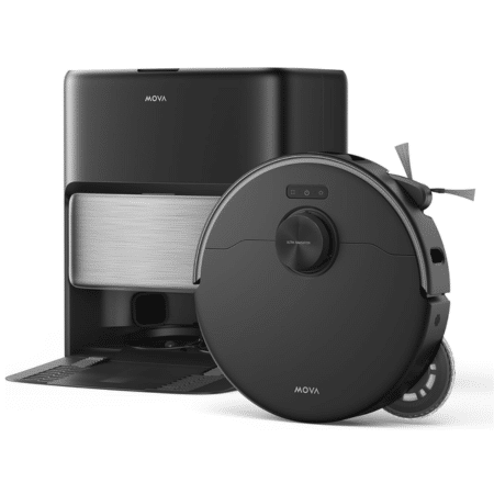 Round black robotic vacuum beside a tall black charging dock against a white background.