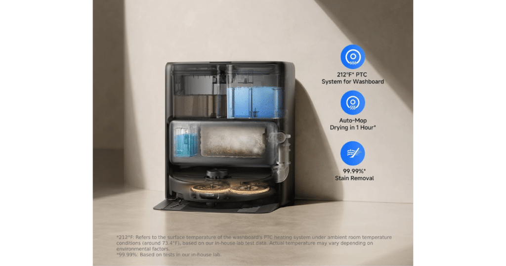 Promotional image of the MOVA P70 Pro Ultra's multifunction docking station with a transparent front view showing internal water tanks and mop-washing components. On-screen graphics highlight hot water mop washing, hot air drying, and stain removal claims.