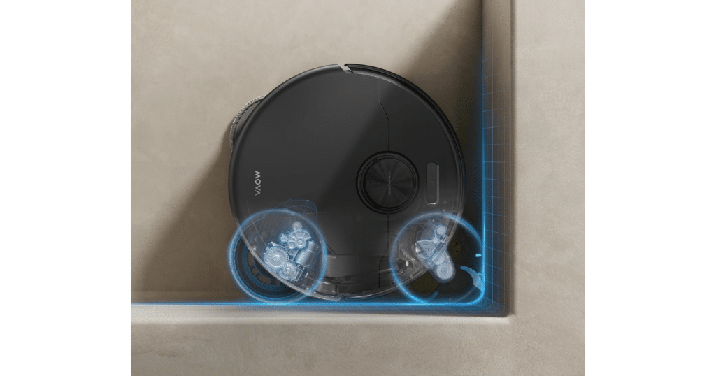 Top-down promotional image of the MOVA P70 Pro Ultra robot vacuum cleaning along a room corner. Blue graphic overlays illustrate the extension of the side brush and mop pad as part of the robot's edge-cleaning system.