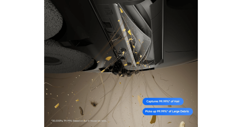 Close-up promotional rendering of the MOVA P70 Pro Ultra robot vacuum's underside, illustrating its anti-tangle cleaning system. Hair strands and debris are shown being pulled into the brush area, with on-screen graphics highlighting claims of 99.99% hair capture and large debris pickup performance.