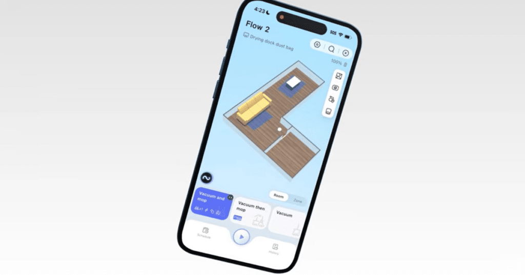 Narwal Flow 2 app | Vacuum Wars Narwal Flow 2 smartphone app displaying a 3D home map with room controls, scheduling options, cleaning modes, no-go zones, carpet settings, and robot management features.