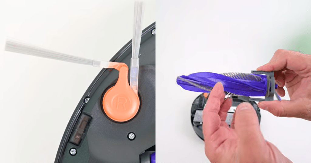 Narwal Flow 2 brushes 2 | Vacuum Wars Close-up of the Narwal Flow 2 robot vacuum's anti-tangle cleaning system, featuring a tapered main brush designed to direct hair into the dustbin and a tangle-resistant side brush that reverses direction to improve corner cleaning.