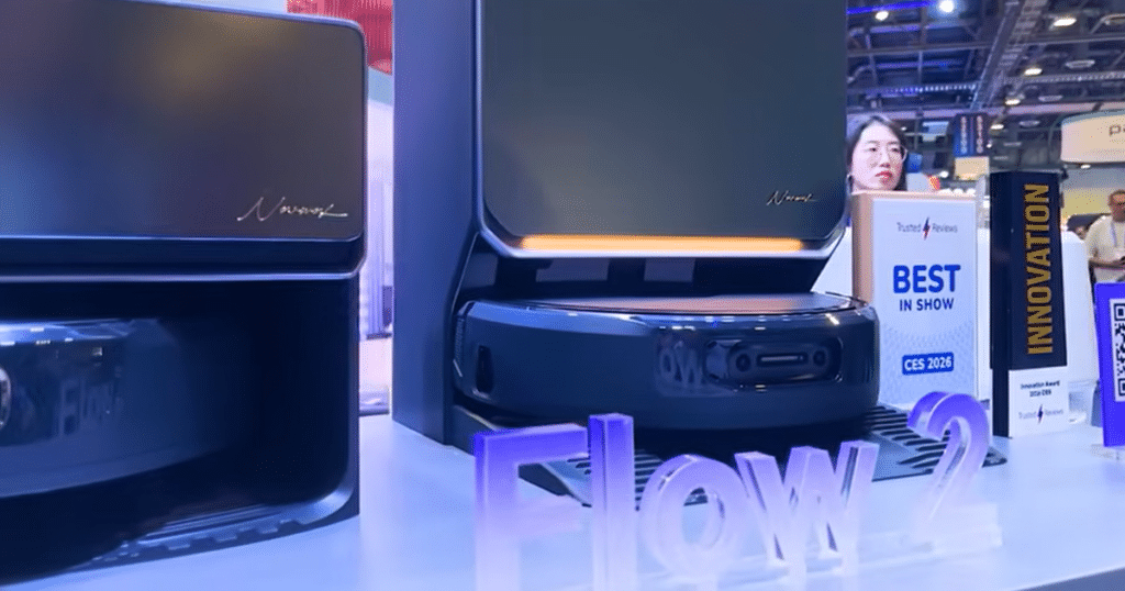 Narwal Flow 2 dock 1 | Vacuum Wars Narwal Flow 2 robot vacuum dock on display showing integrated ambient lighting beneath the base station, with customizable lighting effects including animated color modes and a static night-light option.