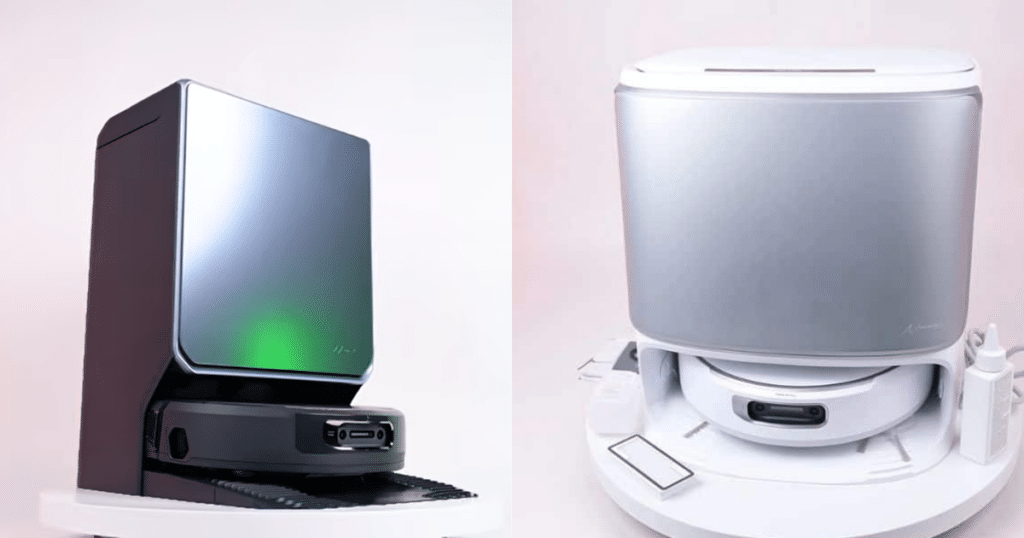 Narwal Flow 2 look | Vacuum Wars Narwal Flow 2 robot vacuum and auto-empty dock shown compared to the original white Flow, featuring a redesigned dock with customizable ambient lighting, three standby light modes, and a robot status light that changes color based on operating status.