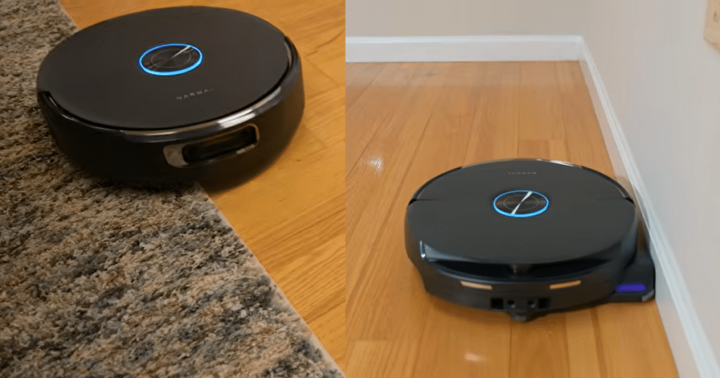 Narwal Flow 2 mixed floor extend | Vacuum Wars Narwal Flow 2 robot vacuum transitioning between hardwood floors and carpet, demonstrating its 10 mm mop lift capability and edge-cleaning system with an extending mop that reaches along baseboards and furniture edges.