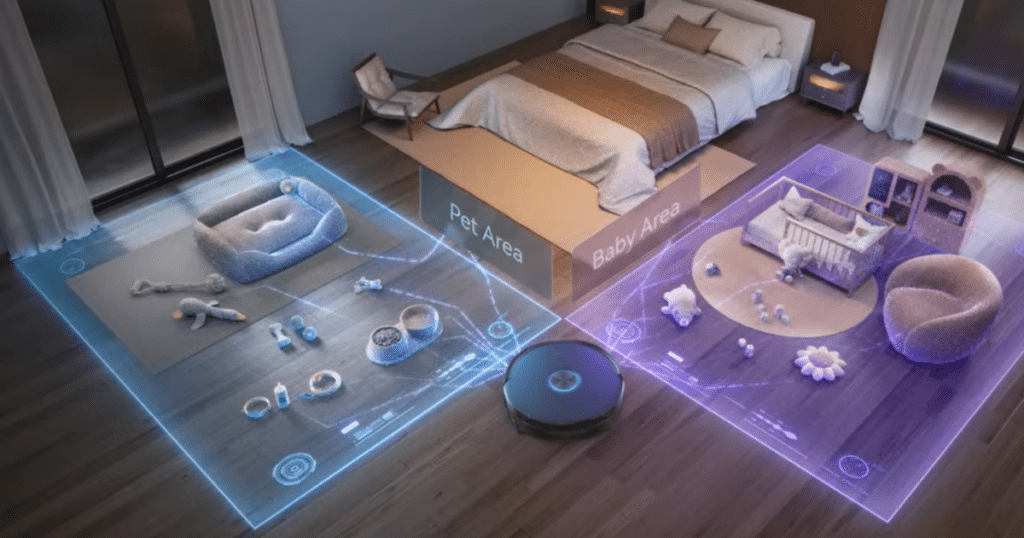 Narwal Flow 2 scenario | Vacuum Wars Narwal Flow 2 robot vacuum using scenario-based cleaning modes in a bedroom, with designated pet care and baby care zones that adjust cleaning behavior for pet areas and reduce noise levels near a nursery.
