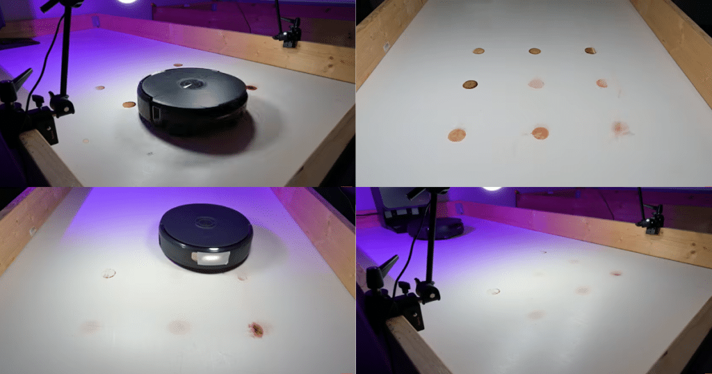 Narwal Flow 2 stain tests | Vacuum Wars Vacuum Wars mopping stain-removal test showing the Narwal Flow 2 cleaning dried stains on a hard floor test surface. Multiple test panels illustrate stain conditions before, during, and after mopping performance evaluation.
