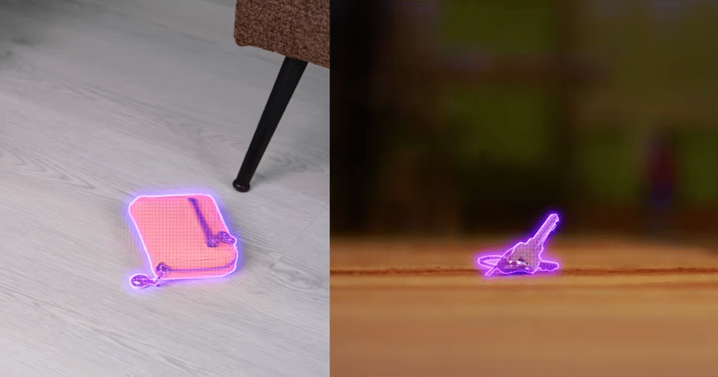 Narwal Flow 2 valuables | Vacuum Wars Narwal Flow 2 robot vacuum Visual Language Model (VLM) feature highlighting object recognition with dual HD cameras, identifying valuables such as a wallet and keys on the floor and marking their locations on the home map for retrieval.