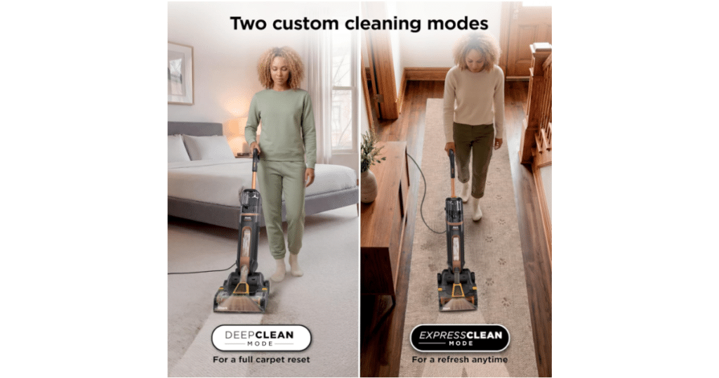Shark CarpetForce Cleaning Modes | Vacuum Wars Shark CarpetForce carpet cleaner shown in Deep Clean Mode and Express Clean Mode, illustrating the two cleaning settings available on the new upright carpet cleaner.