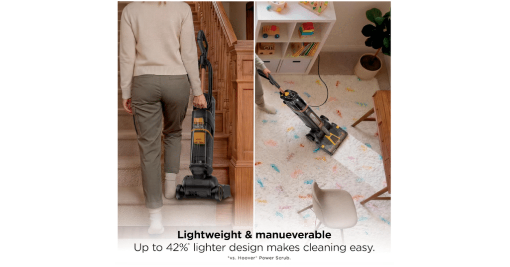 Shark CarpetForce Lightweight | Vacuum Wars Shark CarpetForce upright carpet cleaner being carried up stairs and used on a carpet, highlighting its lightweight and maneuverable design.