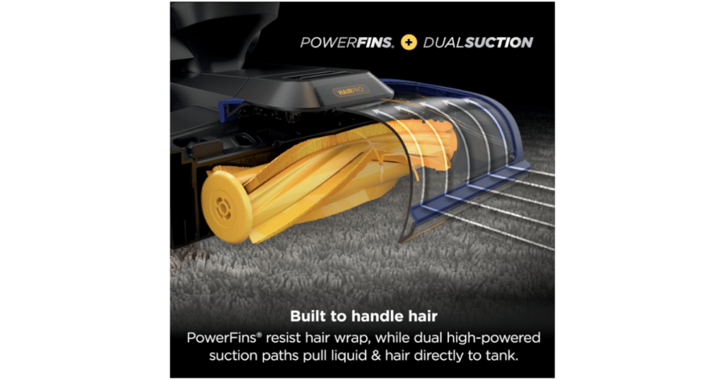 Shark CarpetForce PowerFins | Vacuum Wars Close-up illustration of the Shark CarpetForce PowerFins brushroll and dual suction system, showing how hair, liquid, and debris are directed into the carpet cleaner's recovery tank.