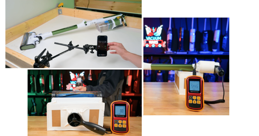 Shark PowerPro Flex Pet Battery Testing | Vacuum Wars Shark PowerPro Flex Pet Plus cordless vacuum during Vacuum Wars battery runtime and airflow testing. The image shows the vacuum running in the battery test rig alongside airflow measurement equipment used to calculate battery efficiency.