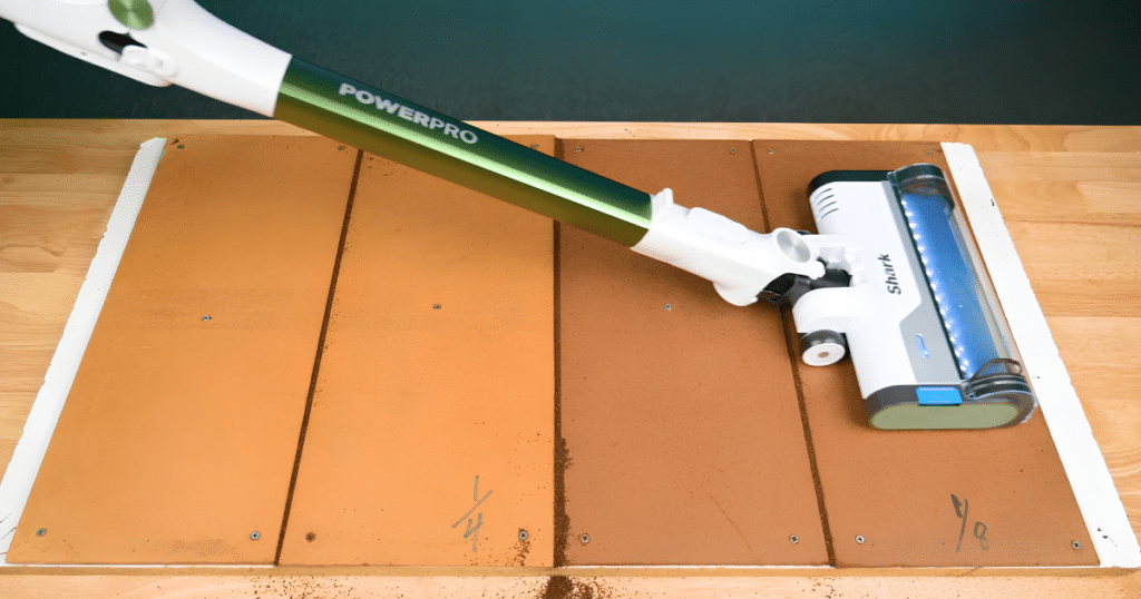Shark PowerPro Flex Pet Crevice Pickup Test | Vacuum Wars Shark PowerPro Flex Pet Plus during Vacuum Wars' crevice pickup test on hard floors. The vacuum scored 0 out of 4 possible points in this evaluation, compared with 3 points for the Levoit LVAC-200 and a category average of 2.5.