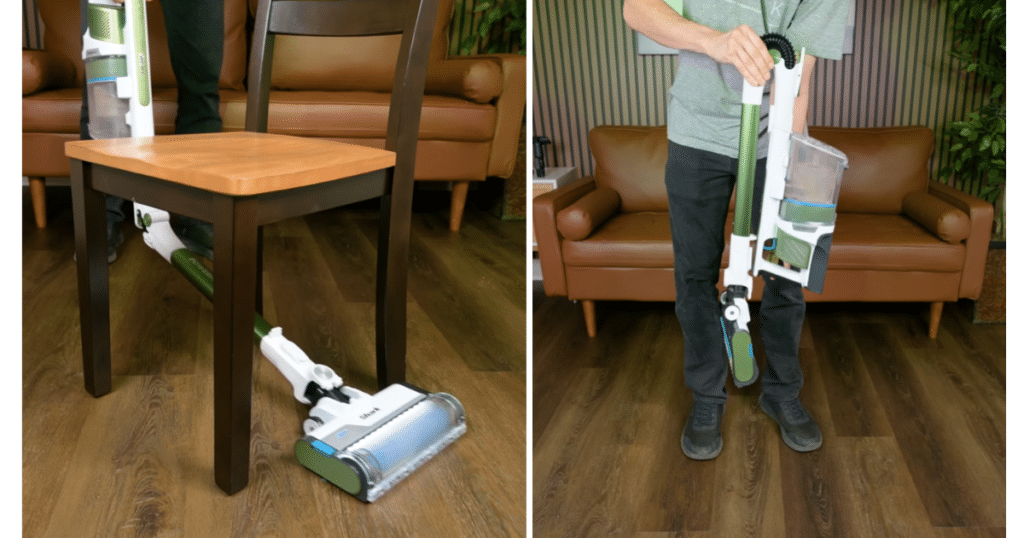 Shark PowerPro Flex Pet MultiFlex | Vacuum Wars Shark PowerPro Flex Pet Plus showing the MultiFLEX wand in use under furniture and folded into its self-standing storage position.