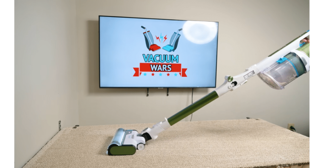 Shark PowerPro Flex Pet Plus Carpet Deep Clean Test | Vacuum Wars Shark PowerPro Flex Pet Plus cordless vacuum during Vacuum Wars' carpet deep-cleaning test. The vacuum achieved a 96% carpet deep-cleaning score, matching the Levoit LVAC-200 and exceeding the cordless vacuum average of 93%.