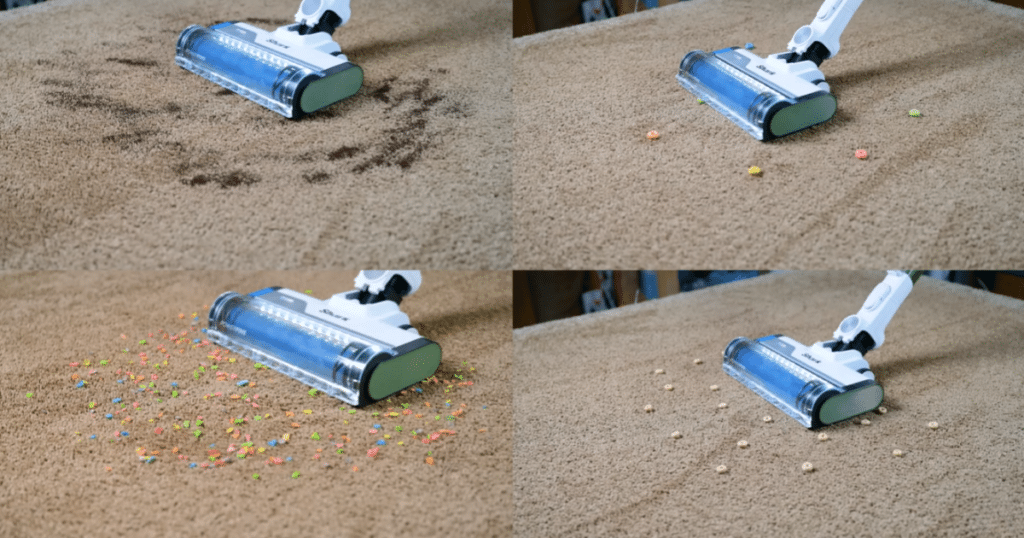 Shark PowerPro Flex Pet Plus Pickup 1 | Vacuum Wars The Shark PowerPro Flex Pet Plus cordless vacuum cleaner approaching fine and large debris on a carpet