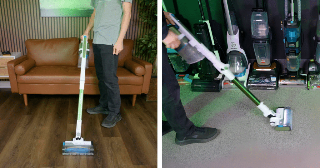 Shark PowerPro Flex Pet Plus on Hard Floor and Carpet | Vacuum Wars Shark PowerPro Flex Pet Plus cordless vacuum cleaning hard floors and carpet. The image shows Shark's PowerFins multi-surface floorhead and FloorDetect technology designed for automatic floor-type detection and cleaning across different surfaces.