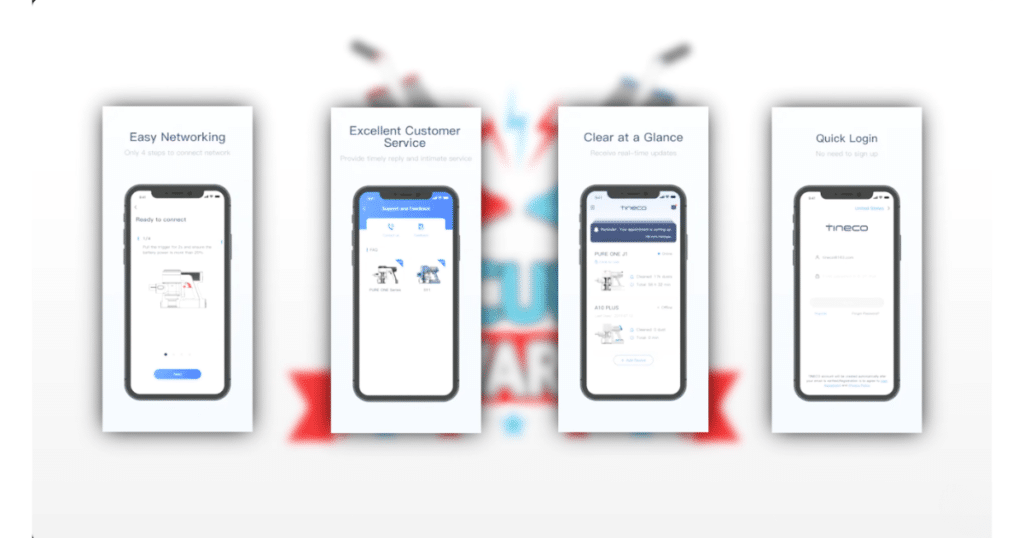 Tineco Carpet ONE Cruiser App | Vacuum Wars Tineco app screens showing connectivity features for the Carpet ONE Cruiser, including setup, product support, machine status, and login.