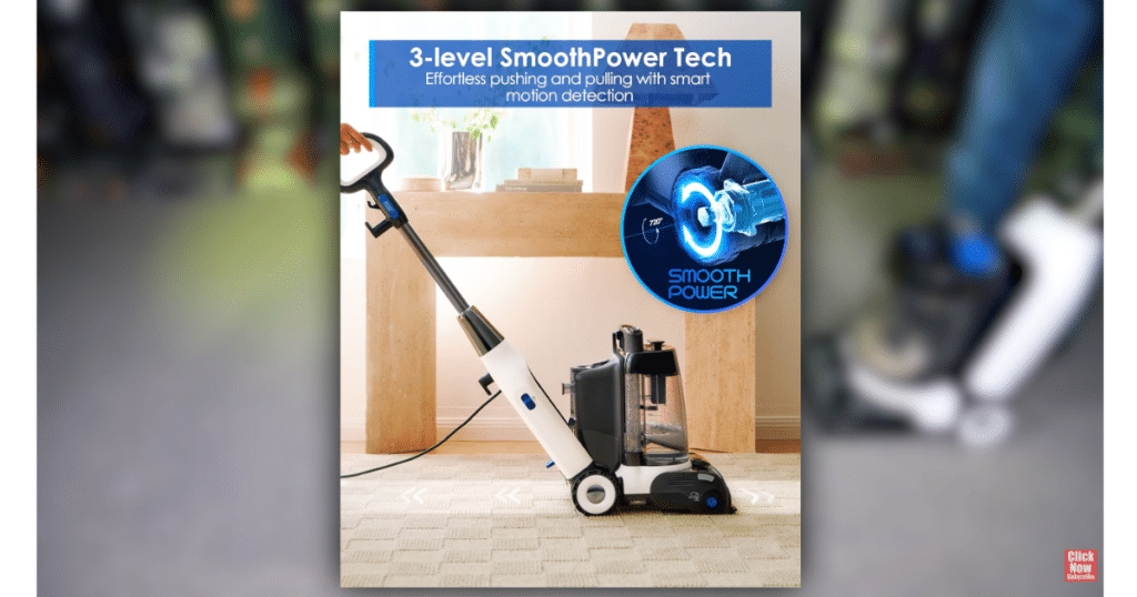 Tineco Carpet ONE Cruiser SmoothPower Tech at Vacuum Wars | Vacuum Wars Tineco Carpet ONE Cruiser self-propulsion graphic showing the 3-level SmoothPower Tech feature, with the carpet cleaner pictured on carpet.