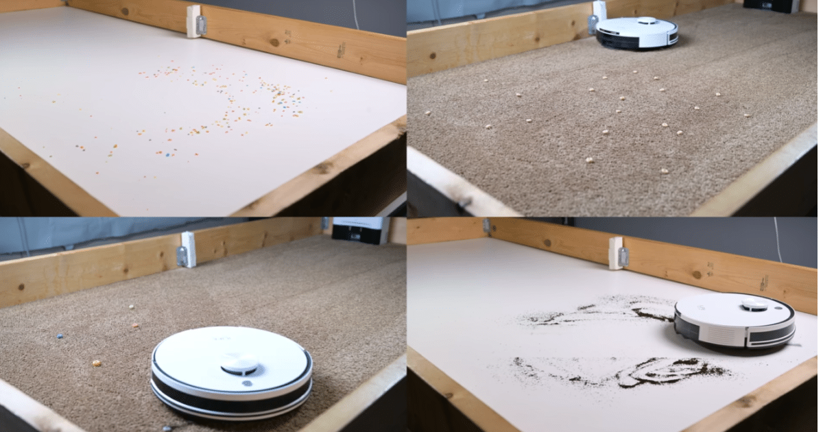 Collage showing the iLife A30 Pro robot vacuum cleaning debris on hard floors and carpet, including tests with scattered particles and fine debris.