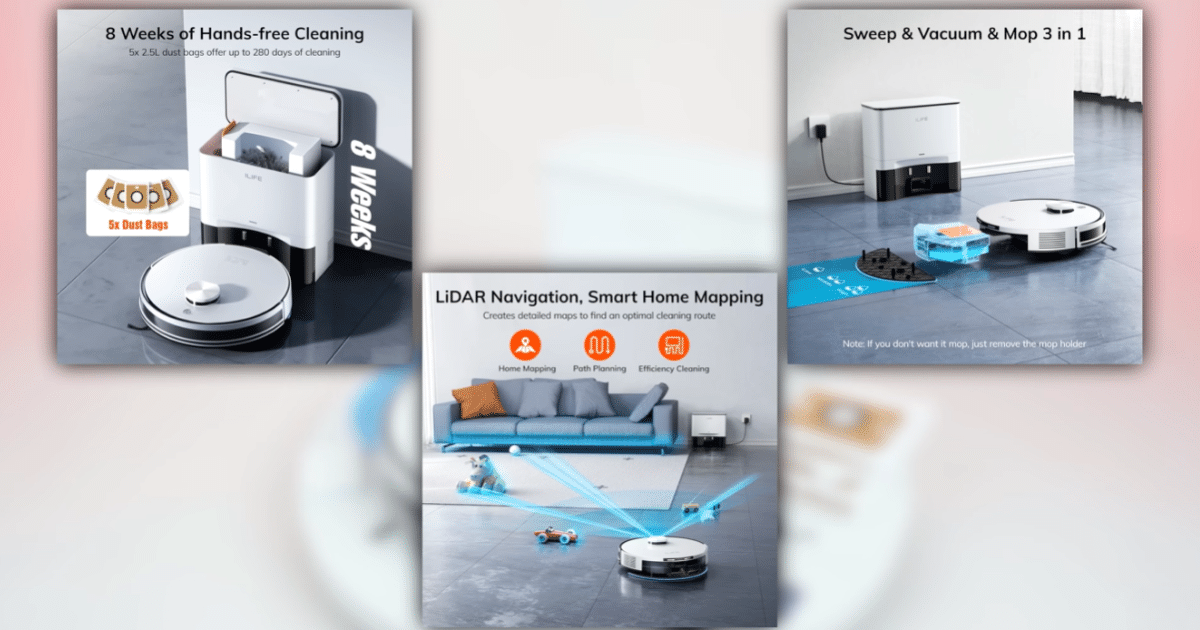 Promotional collage for the iLife A30 Pro robot vacuum showing its auto-empty dock, LiDAR navigation system, smart home mapping features, and vacuum-and-mop functionality. Three product images highlight hands-free cleaning, room mapping, and mopping capabilities.