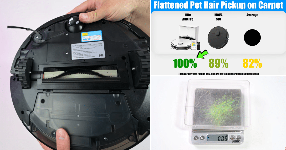 Pet hair pickup test showing the iLife A30 Pro achieving a 100% score on flattened pet hair removal from carpet, compared to 89% for the MOVA S10 and an 82% category average.