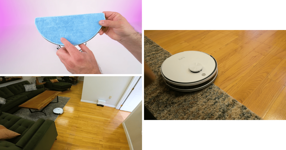 Collage showing the iLife A30 Pro's flat mop pad attachment, the robot vacuum transitioning between rug and hard floor surfaces, and the robot operating in a home environment.