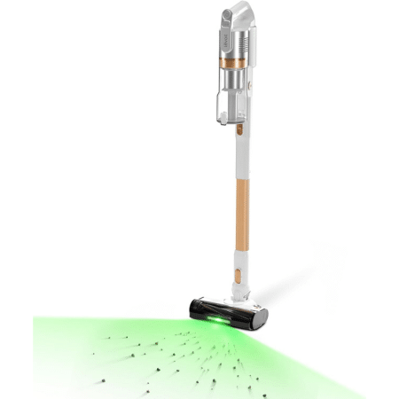 levoit vortexiq 450x450 | Vacuum Wars Cordless stick vacuum standing upright with a floor head emitting a green laser on the floor surface.
