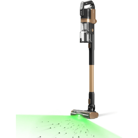 levoit vortexiq pro 450x450 | Vacuum Wars Cordless stick vacuum cleaner standing upright with a green laser beam projected onto the floor for guided cleaning on a white background.