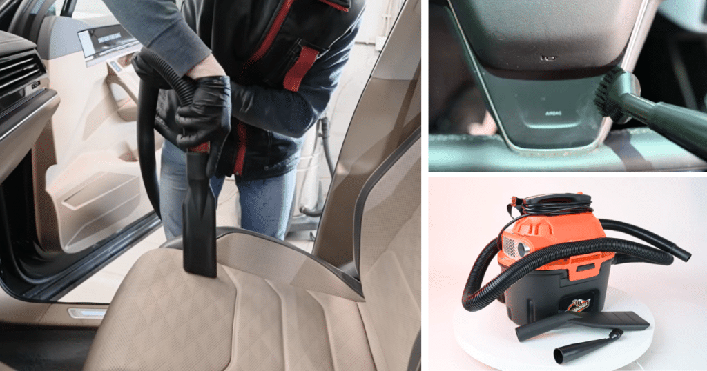 Armor All Attachments Car Vacuum | Vacuum Wars Collage showing a wide claw-style nozzle cleaning a car seat, a small detailing brush cleaning a center console, and the Armor All AA255W with its hose and attachments.