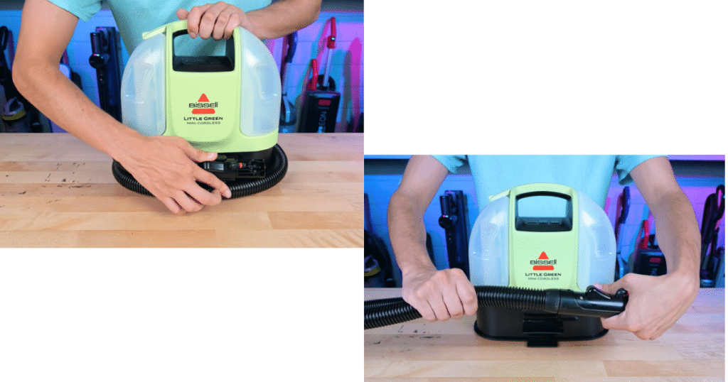 Bissell Little Green Mini Cordless spot cleaner hose management at Vacuum Wars | Vacuum Wars Bissell Little Green Mini Cordless showing the hose wrapped around the machine for storage and the swiveling hose connection being rotated.