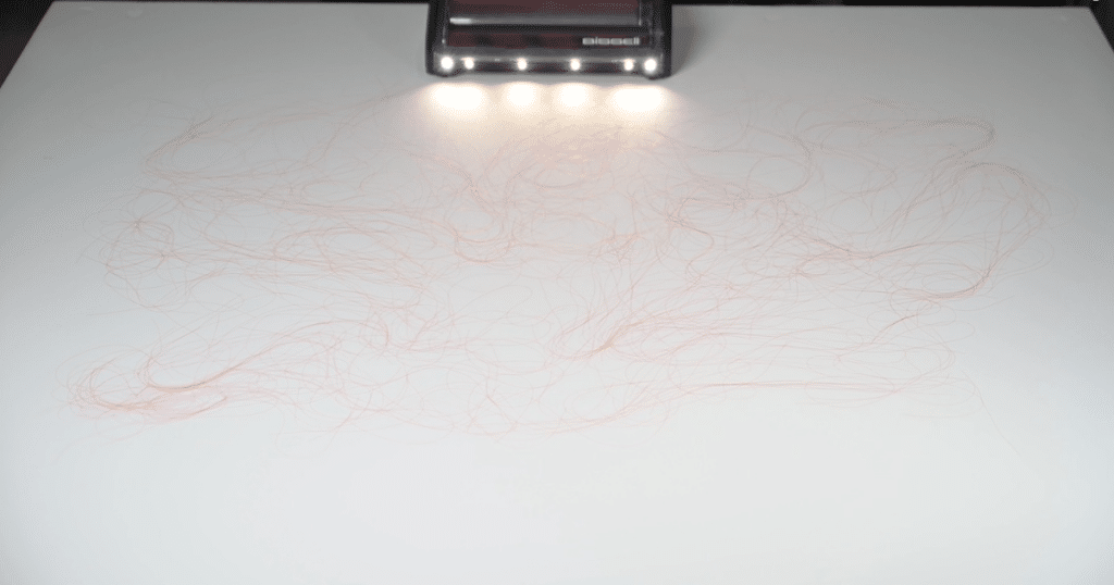 Bissell PowerClean DualBrush Cordless Hair Pickup Test 1 | Vacuum Wars Bissell PowerClean DualBrush cordless vacuum approaching pet hair on a hard floor during a pickup demonstration.
