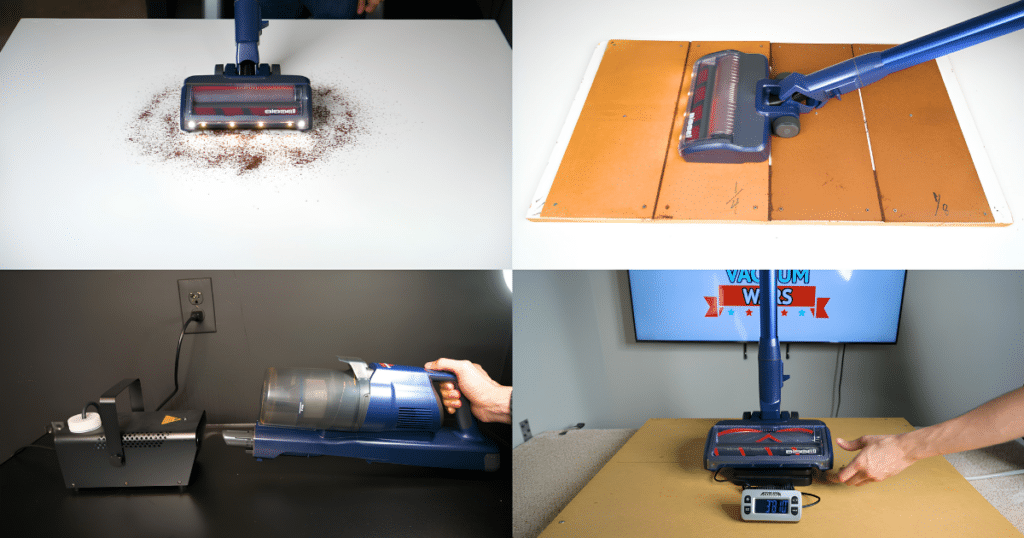 Bissell PowerClean DualBrush Cordless Vacuum Testing at Vacuum Wars | Vacuum Wars Four-panel collage showing the Bissell PowerClean DualBrush cordless vacuum undergoing Vacuum Wars testing on carpet, hard flooring, filtration equipment, and a floor-head measurement setup.