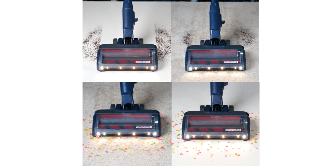 Bissell PowerClean DualBrush Cordless Vacuum Vacuuming Hard Floor and Carpet at Vacuum Wars 1 | Vacuum Wars Side-by-side view of the Bissell PowerClean DualBrush picking up debris on hard flooring and carpet.