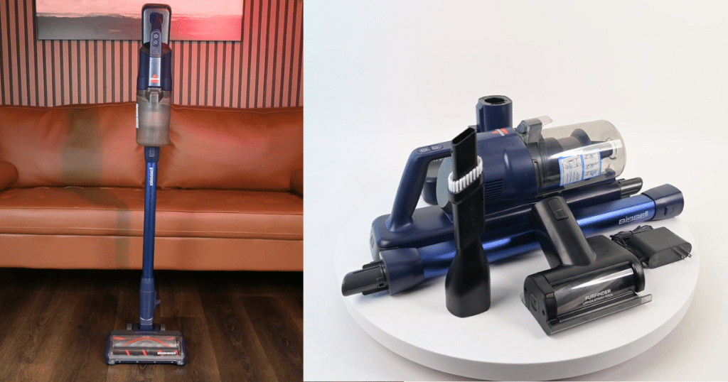 Bissell PowerClean DualBrush Standing and Attachments at Vacuum Wars | Vacuum Wars Split image showing the Bissell PowerClean DualBrush standing upright beside a sofa and its included attachments arranged on a display table.