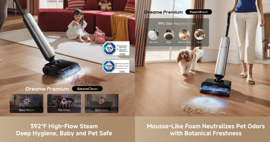 Dreame Aero Ultra Steam hot steam and foam | Vacuum Wars Dreame Aero Ultra Steam wet/dry vacuum demonstrating its Tri-Force cleaning system with 392°F steam sanitizing and FoamWash detergent for pet odor removal.
