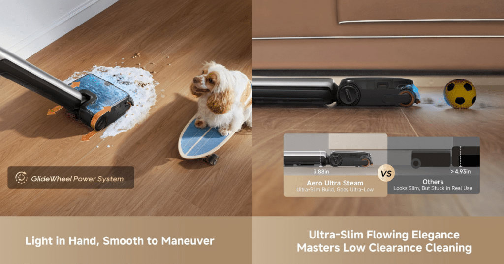 Dreame Aero Ultra Steam light and lay flat | Vacuum Wars Dreame Aero Ultra Steam wet/dry vacuum cleaning beneath low furniture with a 180° lie-flat design and GlideWheel power assist.