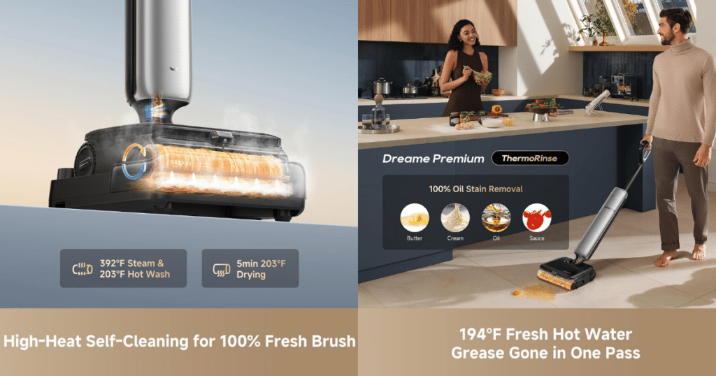 Dreame Aero Ultra Steam self cleaning | Vacuum Wars Dreame Aero Ultra Steam wet/dry vacuum showing its high-temperature self-cleaning cycle and 194°F ThermoRinse hot water cleaning system.