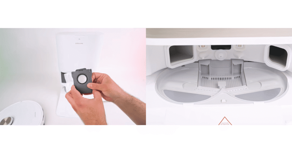 Dreame L60 Ultra PE base station features | Vacuum Wars The Dreame L60 Ultra PE's dock features automatic self-cleaning, automatic dustbin emptying, and a disposable dust bag rated to hold up to 100 days of debris.
