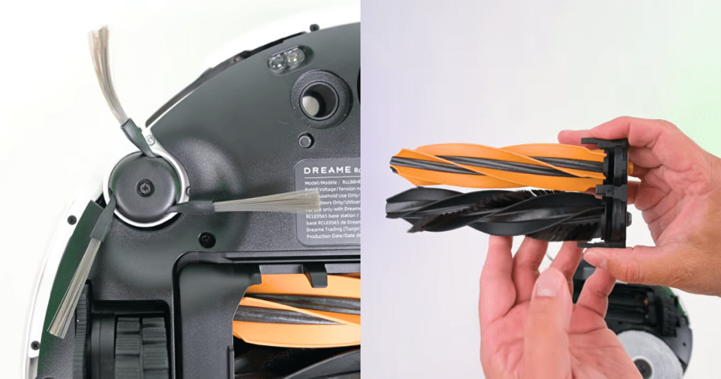 Dreame L60 Ultra PE brushes | Vacuum Wars Close-up of the Dreame L60 Ultra PE's HyperStream DuoBrush and side brush, featuring a dual-roller design with 30,000 Pa Vormax suction for improved carpet cleaning.