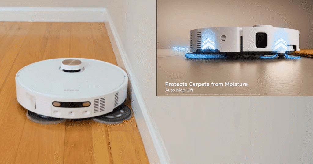 Dreame L60 Ultra PE mop hardware | Vacuum Wars The Dreame L60 Ultra PE uses dual spinning mop pads that rotate at 165 RPM, apply 13 N of pressure, and lift 10.5 mm over carpets for simultaneous vacuuming and mopping.