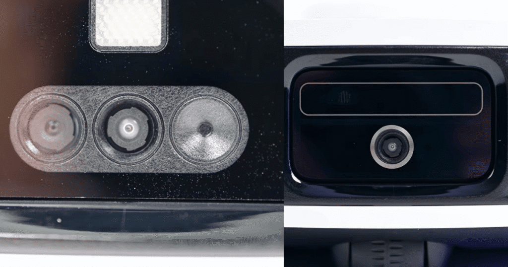 Dreame L60 Ultra PE vs FE sensors | Vacuum Wars Comparison of the Dreame L60 Ultra PE's AI camera and 3D time-of-flight obstacle avoidance sensors (left) with the L60 Ultra FE's simpler laser-based sensor system (right).