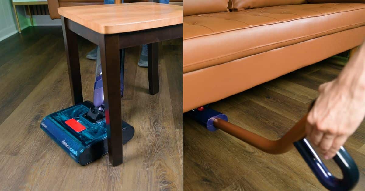 | Vacuum Wars Dyson Clean+Wash Hygiene maneuvering around table legs and lying flat to clean beneath a low sofa.