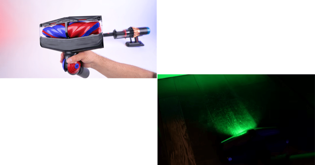 Dyson V16 Piston Animal All Floor Cones Cleaner Head at Vacuum Wars | Vacuum Wars Dyson V16 All Floor Cones cleaner head shown alongside Dyson’s green laser illumination revealing fine debris on a hard floor.