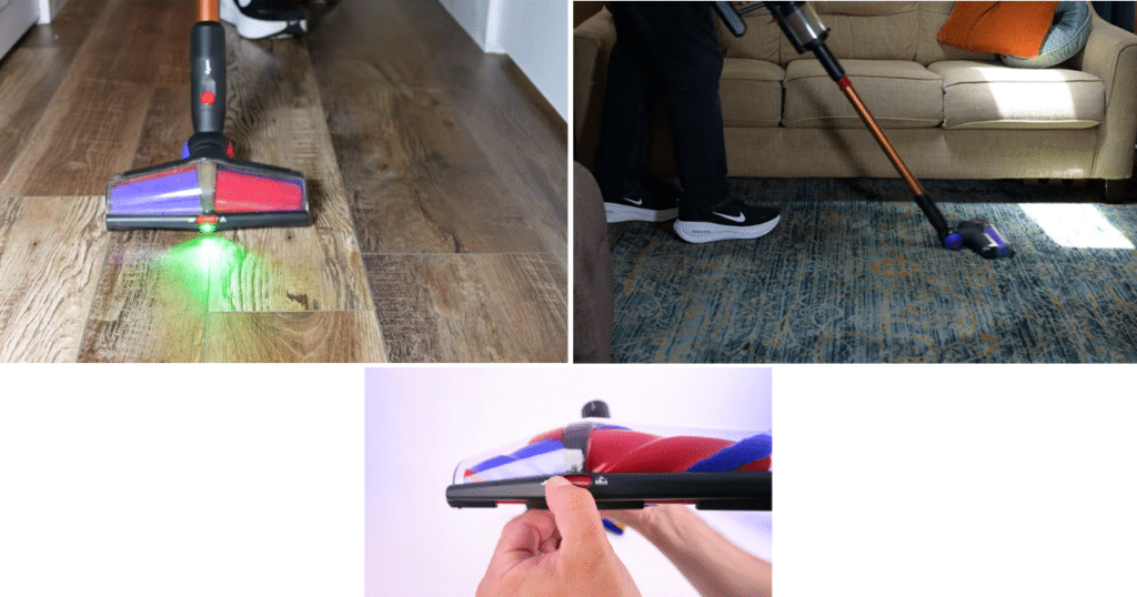 Dyson V16 Piston Animal Submarine All Floor Cones Hard Floor Pickup Vacuum Wars | Vacuum Wars Dyson V16 All Floor Cones cleaner head cleaning hard floors and area rugs, with its adjustable front gate shown close up.