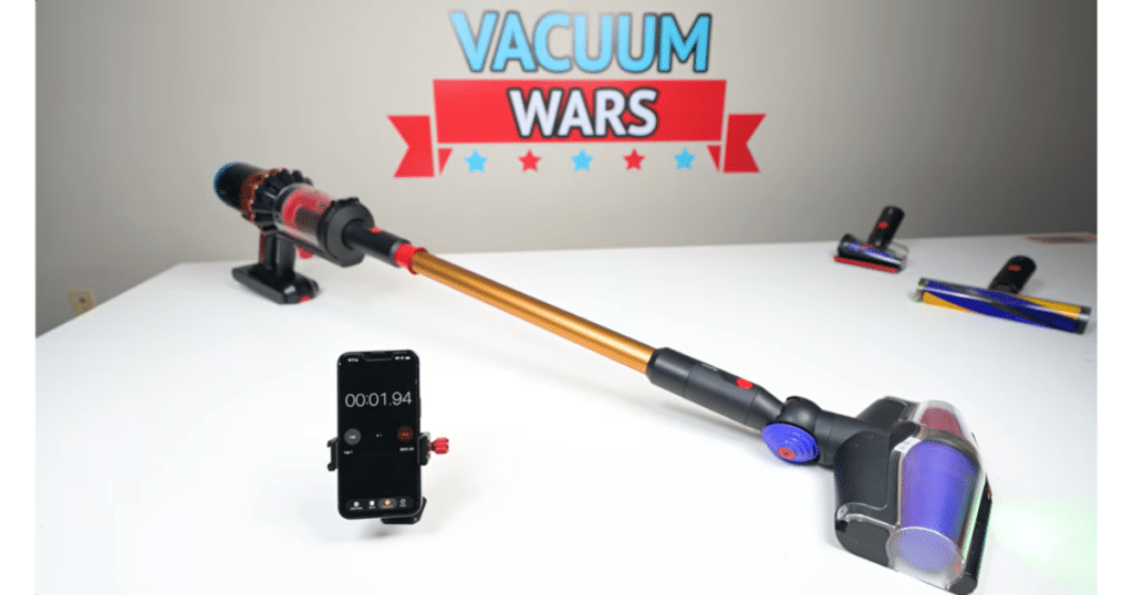Dyson V16 Piston Animal Submarine Battery Life Testing | Vacuum Wars Dyson V16 Piston Animal cordless vacuum shown during battery life testing with a stopwatch and cleaner heads in the Vacuum Wars studio.