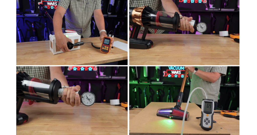 Dyson V16 Piston Animal Submarine Bench Tests Vacuum Wars | Vacuum Wars Dyson V16 Piston Animal suction and airflow tests showing sealed suction, unsealed suction, wand airflow, and cleaner head airflow measurements.